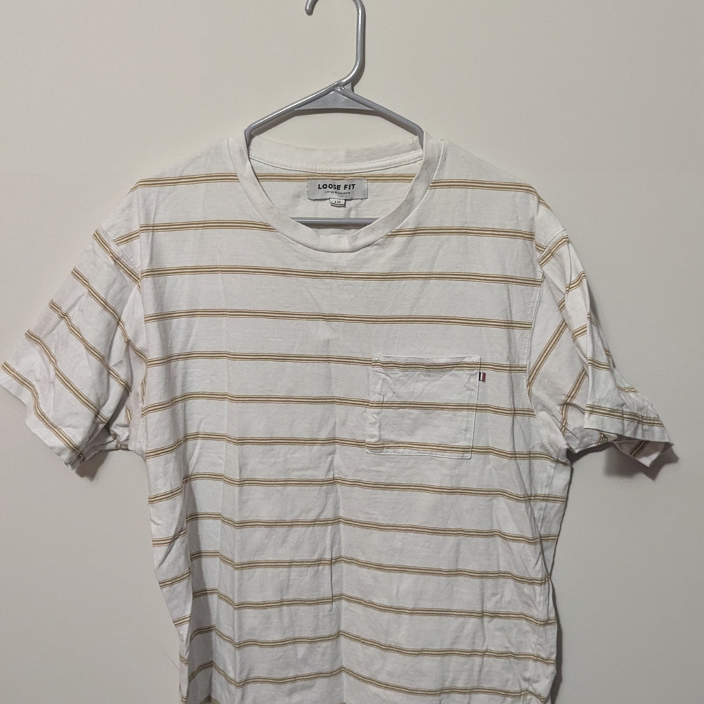 Loose Fit White and Tan Striped T-Shirt